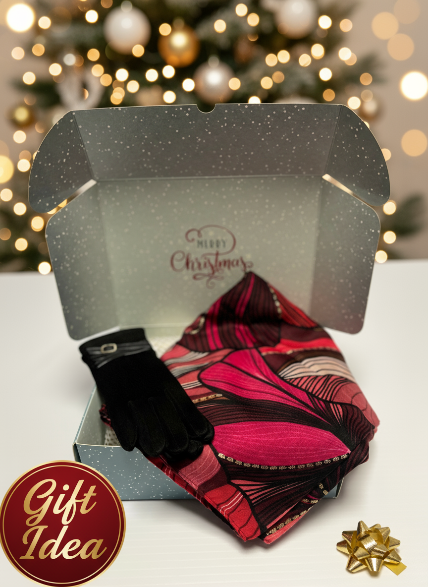 Black Gloves and Pink Patterned Scarf Gift Set