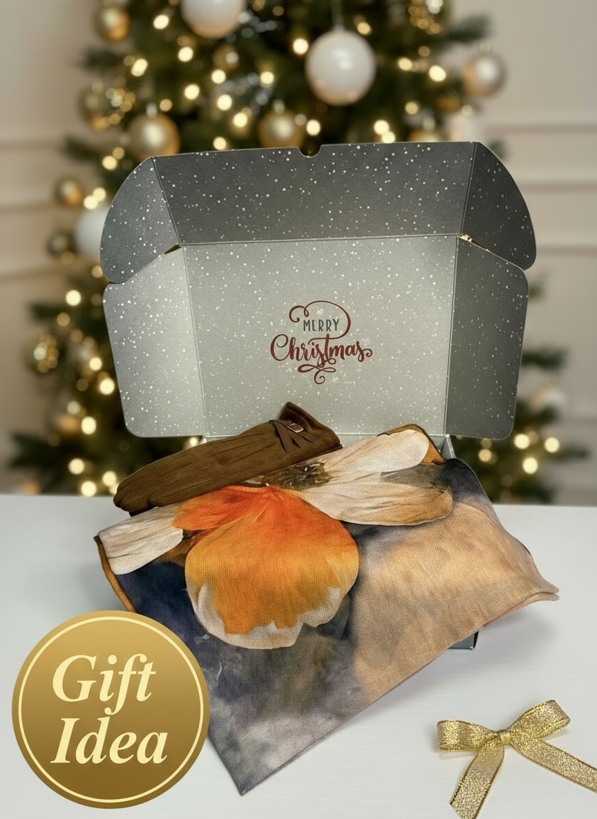 Brown Gloves and Floral Scarf Gift Set
