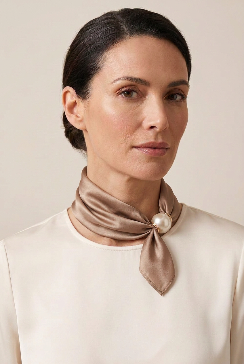 Plain Taupe neckscarf with pearl magnetic clasp
