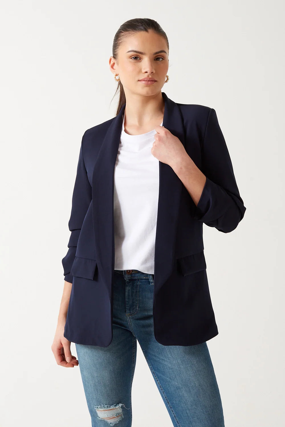 Marc Angelo Edge to Edge Blazer with Ruched sleeves