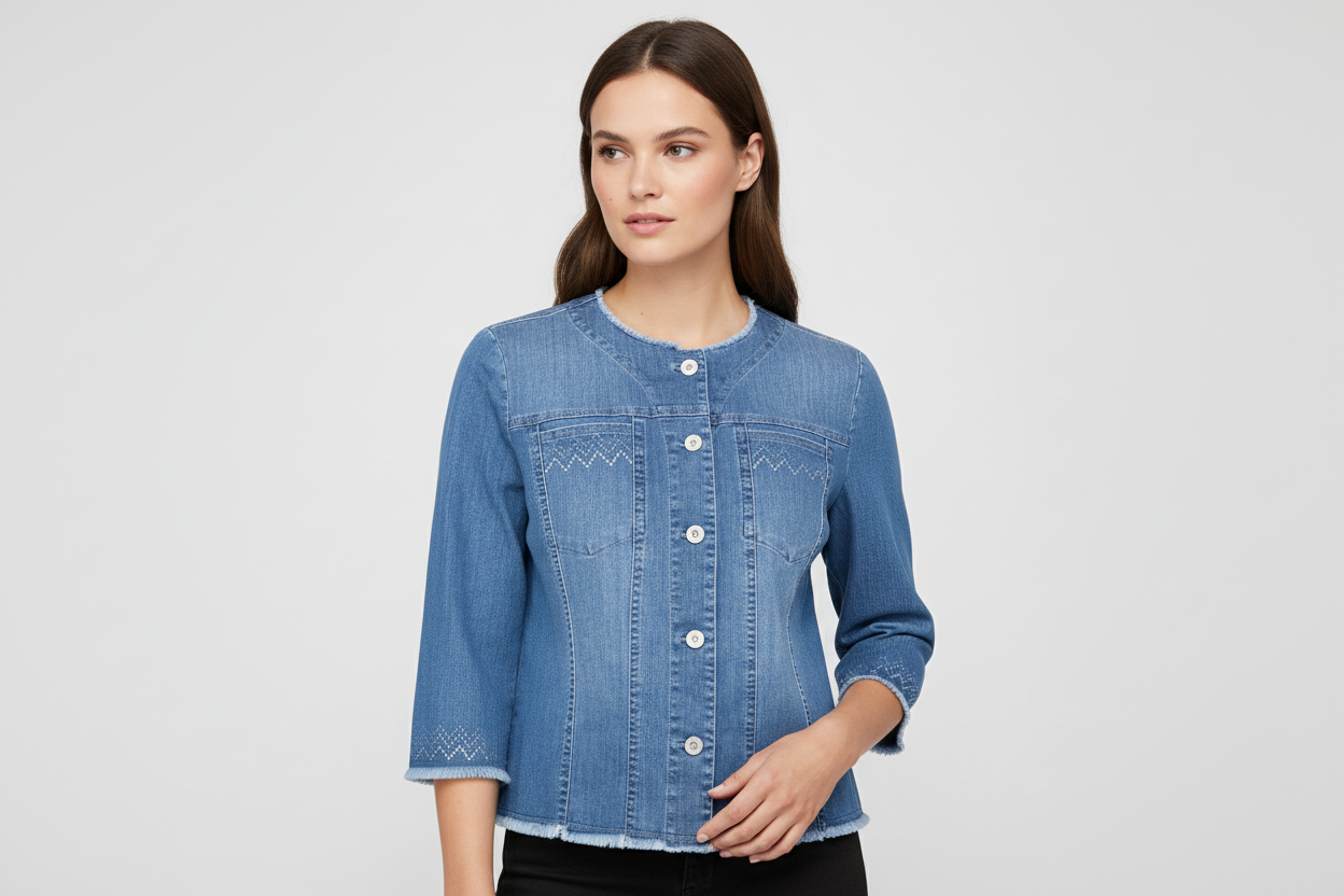 Embellished denim jacket upper body shot