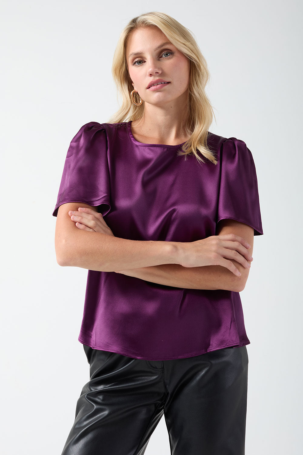 Round Neck Satin Top with Angel Sleeve