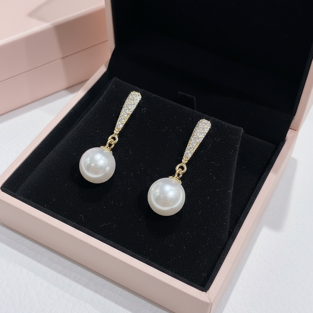 Gold and pearl drop earrings in pink gift box