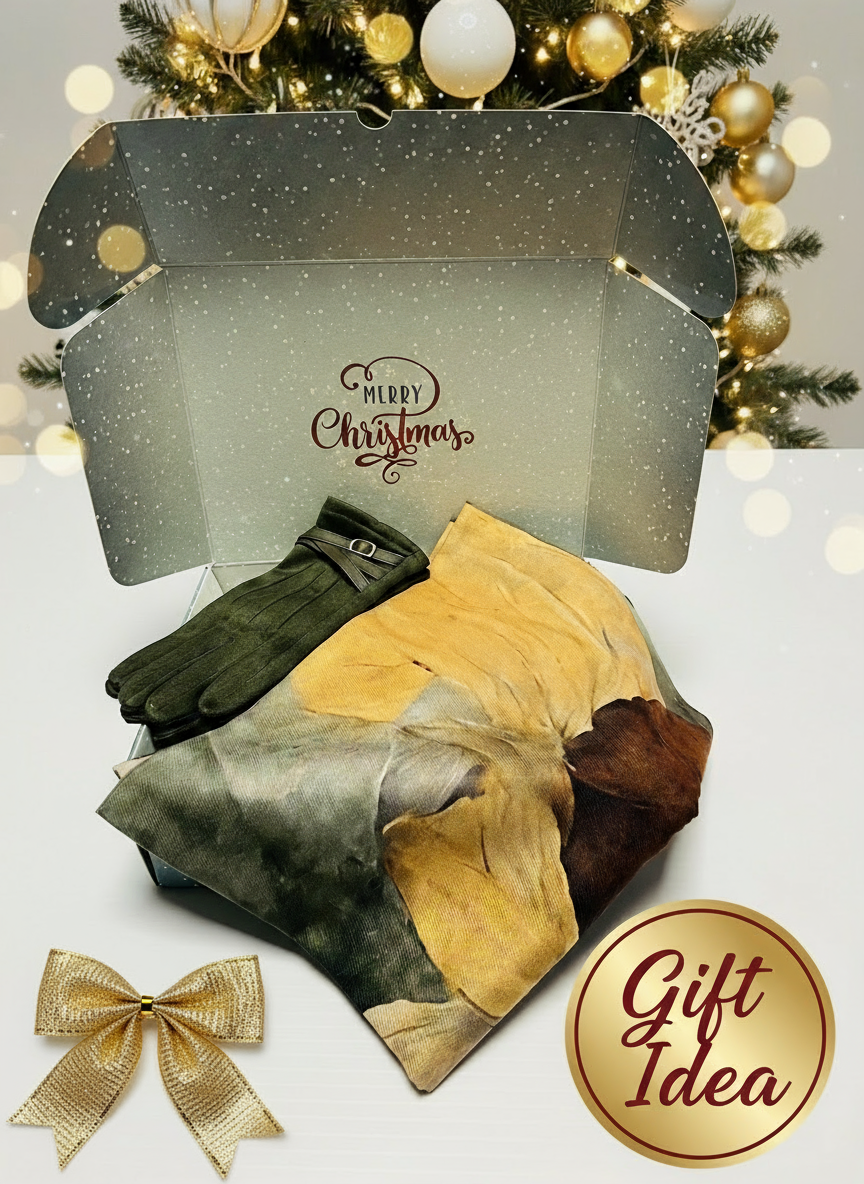 Green Gloves and Yellow Scarf Gift Set with Christmas Background