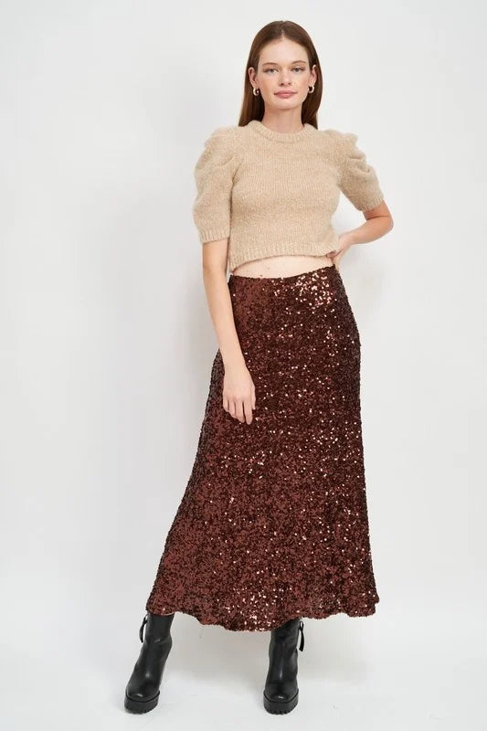 Sequin Midi Skirt. Gold, Brown or Black
