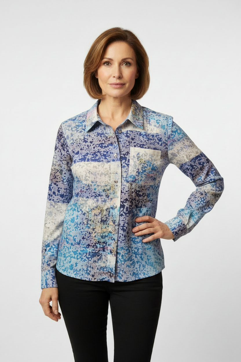 Libra burnout blouse in blue print with long sleeve Lb3011