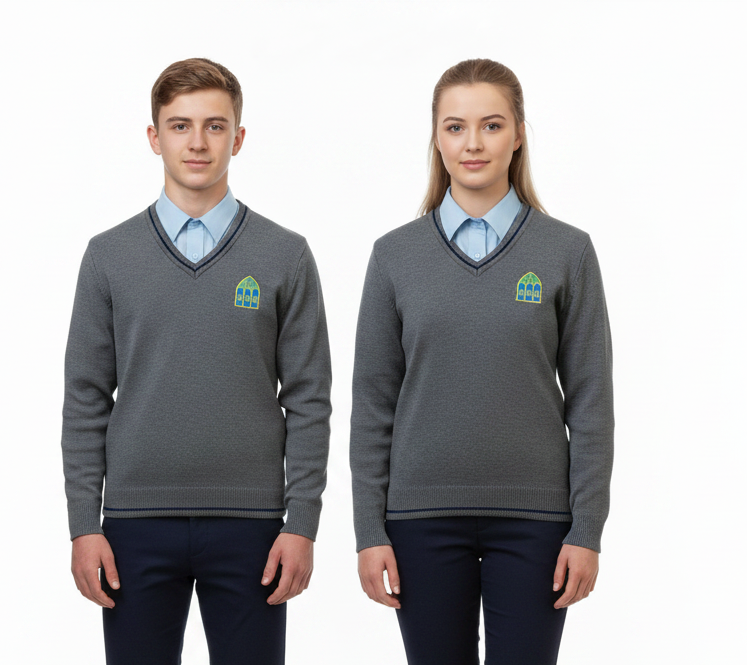 Male and female students wearing Presentation College Headford grey V-neck school jumper with pale blue shirt