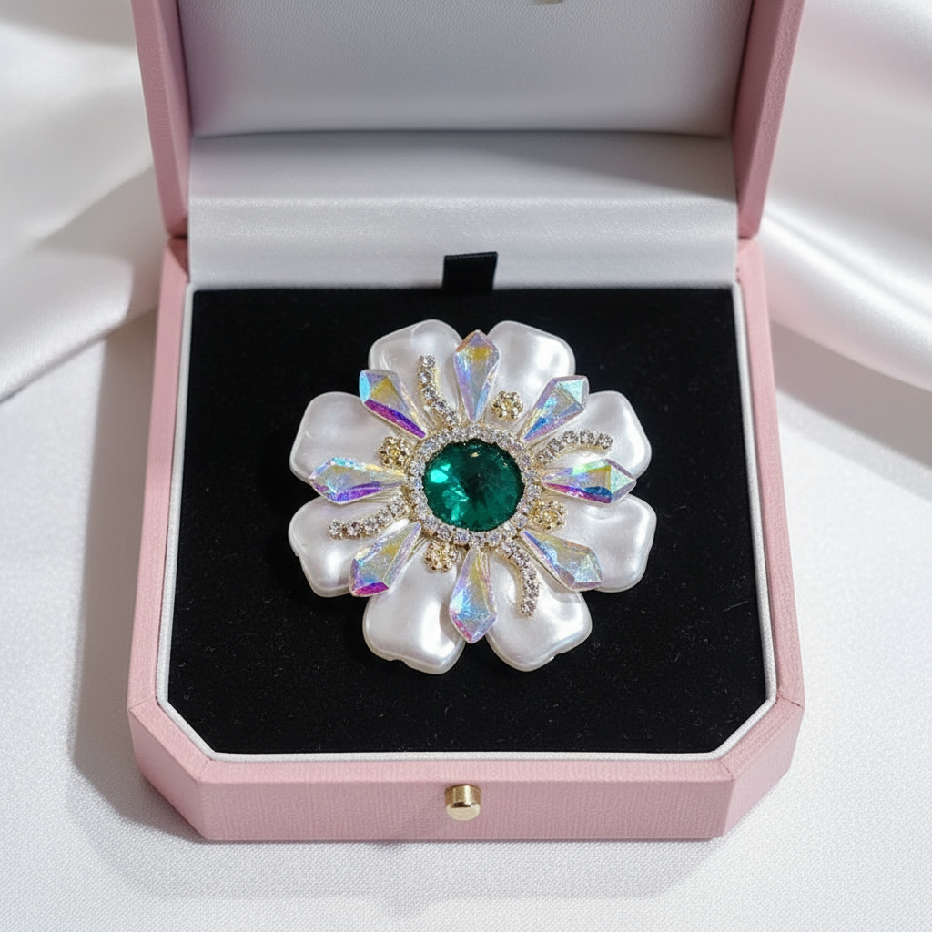 Boxed brooch Mother of Pearl Flower with emerald centre