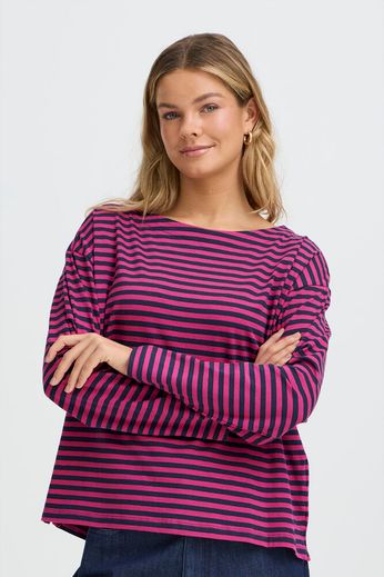 Fransa Cotton Long Sleeve T Shirt in Navy Berry mix 20617658