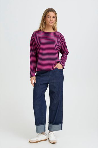 Fransa Cotton Long Sleeve T Shirt in Navy Berry mix 20617658
