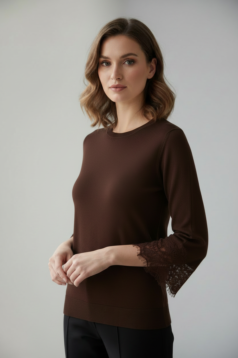Lace Sleeve Knit - Dark Chocolate Brown with Product Reference