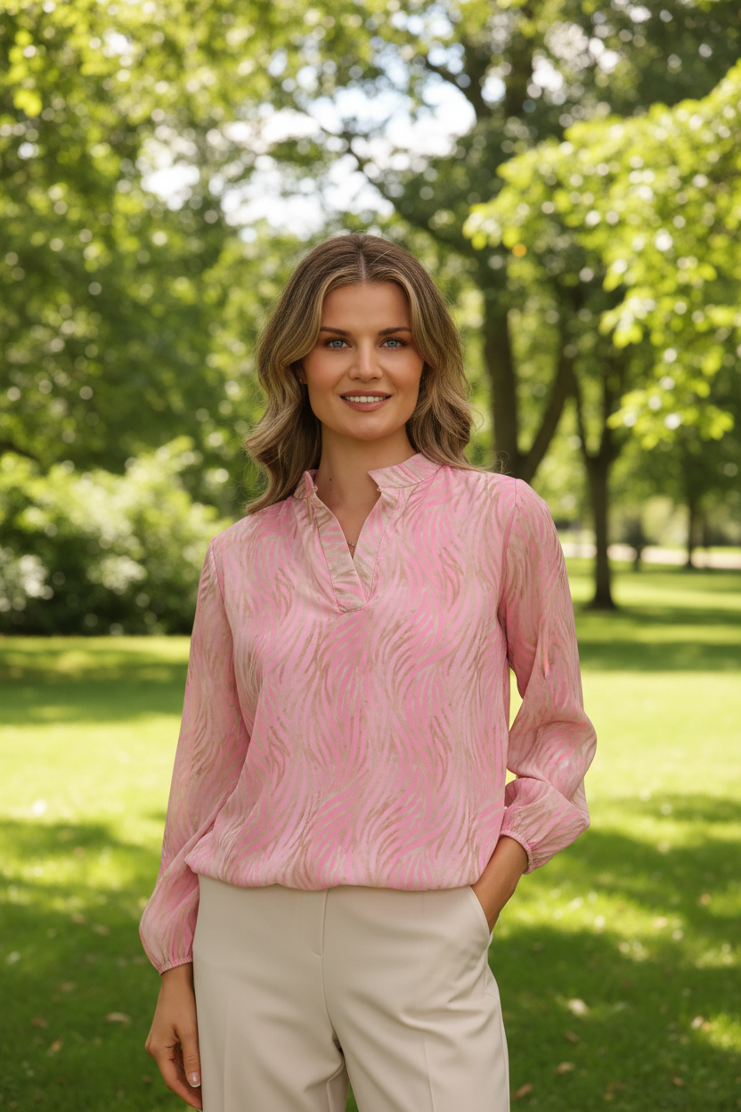 Light pink animal print top in park - upper body