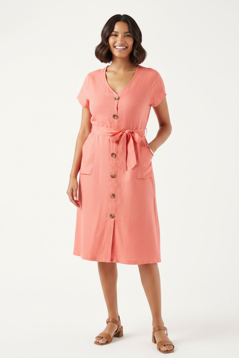 Linen Dress Coral - Curvy Model Fresh Start
