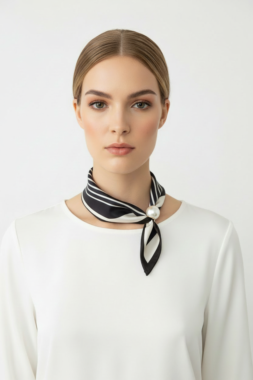 Model wearing black white striped scarf with pearl clasp