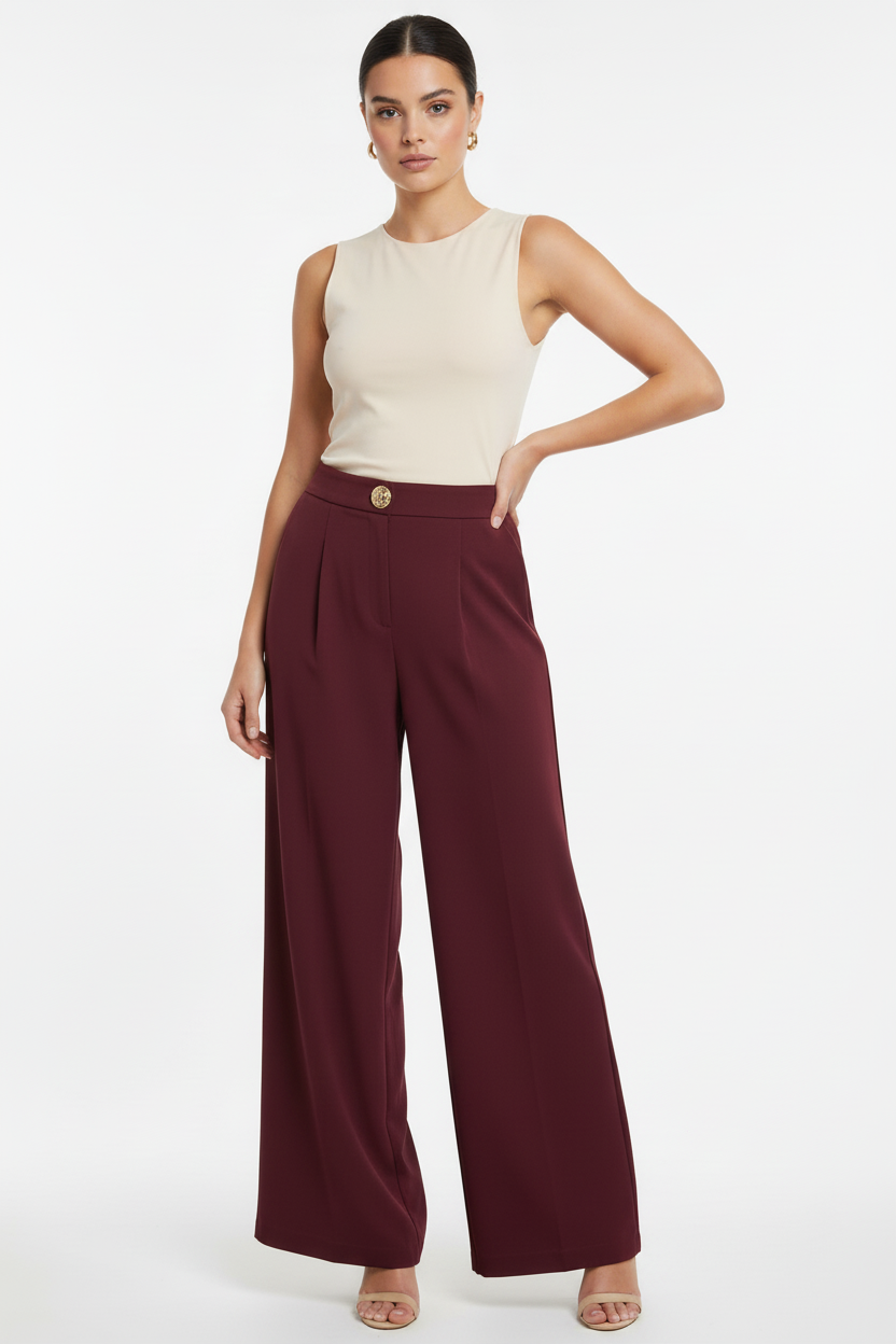 Model wearing burgundy trousers with single gold button