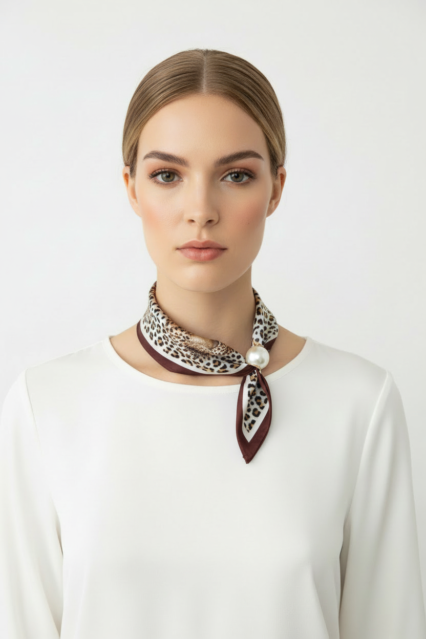 Model wearing exact leopard print scarf with pearl clasp