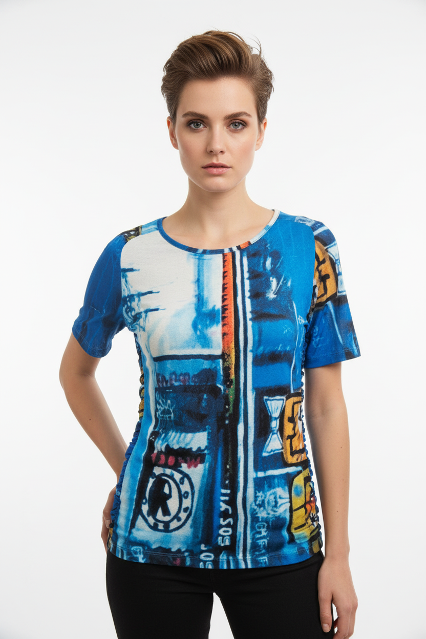 Libra Multicolour Abstract Print Top With side ruching and heat stone Detail Lt3001