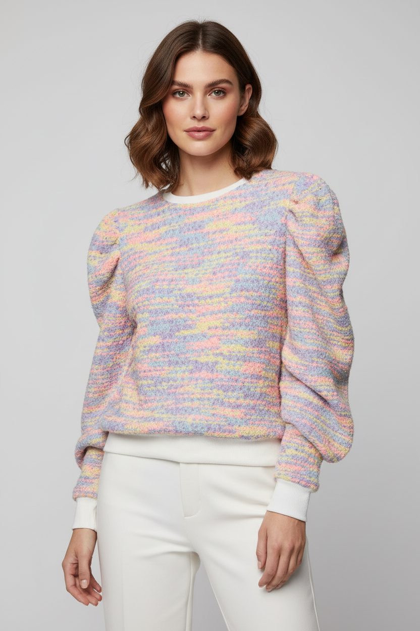 Model wearing multicoloured knit with vibrant colours