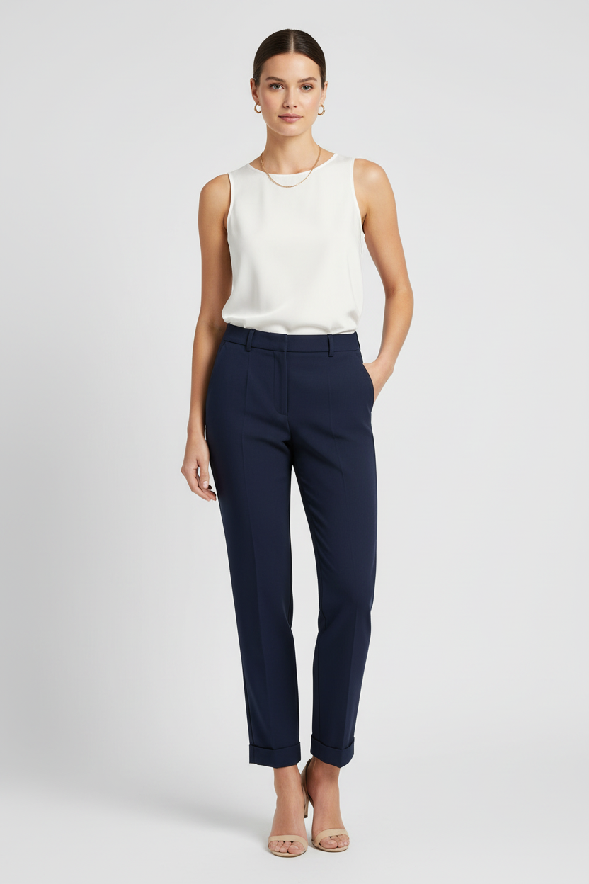 Model wearing navy trousers without belt