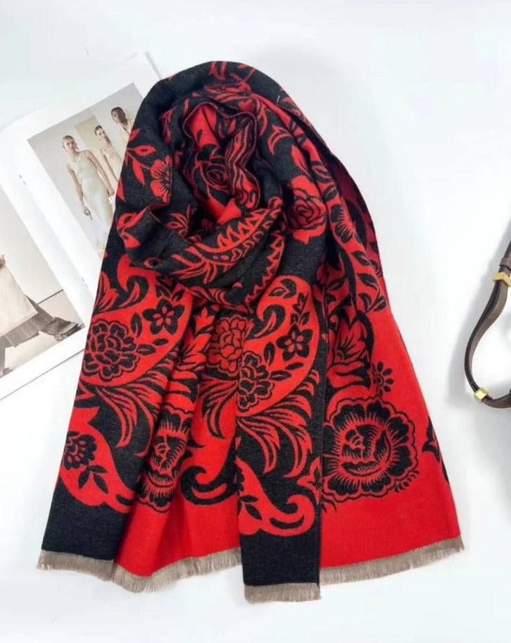 Natalie Gift Box 🎁Luxury Cashmere blend large scarf and Gloves. red and black
