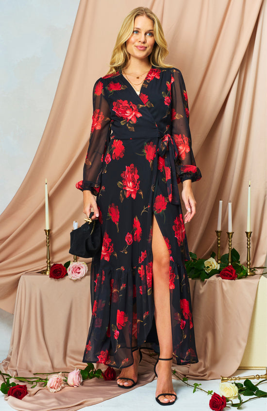 Hope & Ivy Camilla Blouson Sleeve Maxi Wrap Dress with Tie Waist