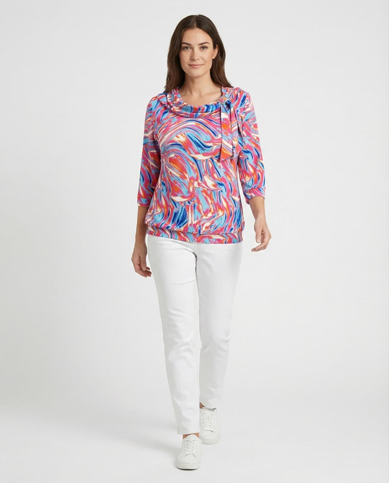 Yew top with Drape neckline and brooch detail in Pink Print Yew26 2