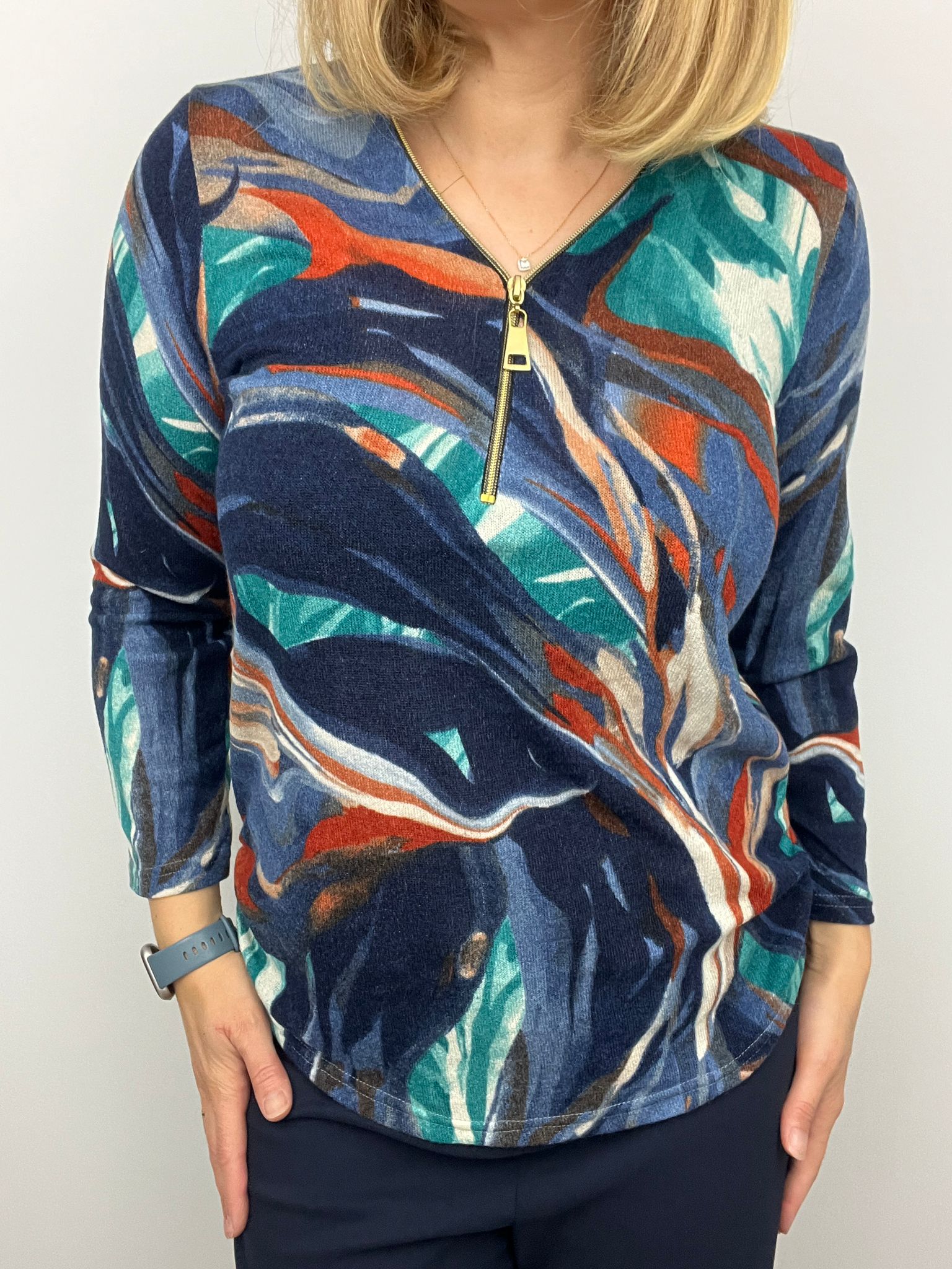 Ilona Winter Weight Zip top in Navy print Ww25 4