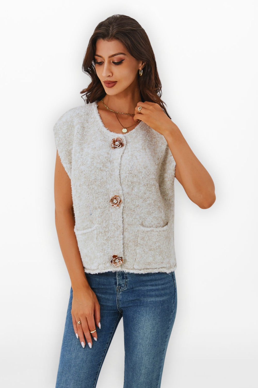 Supersoft Sleeveless knit with fabulous Flower button Detail