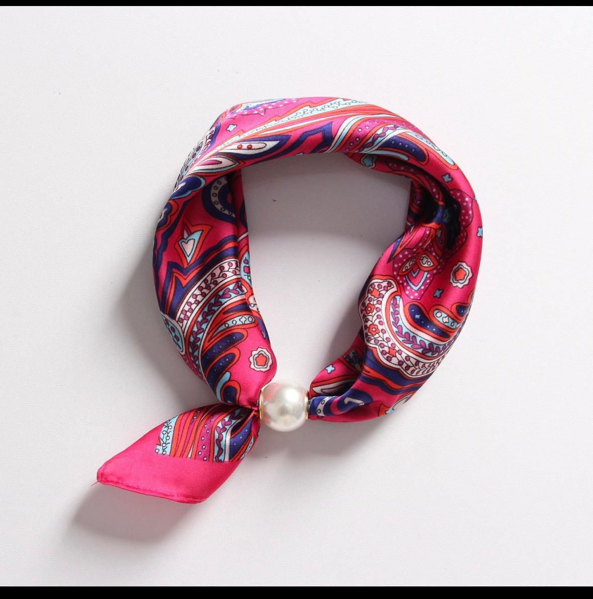 Pink Paisley Silk Neck Scarf with Magnetic Pearl Pearl Clasp