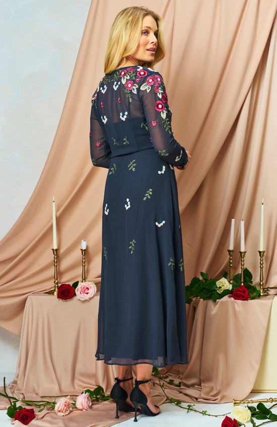 Hope & Ivy Rosette Embellished Maxi Dress with Long Sleeve and Button Front