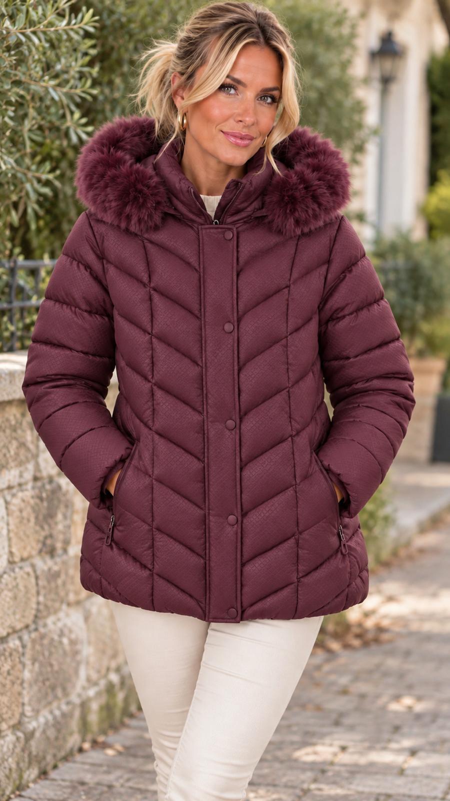 Burgundy quuilted Jacket with Detachable Hood