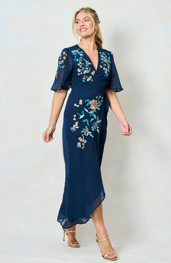 Hope and Ivy Catriona Embroidered Flutter Sleeve Maxi Wrap Dress with Tie Waist