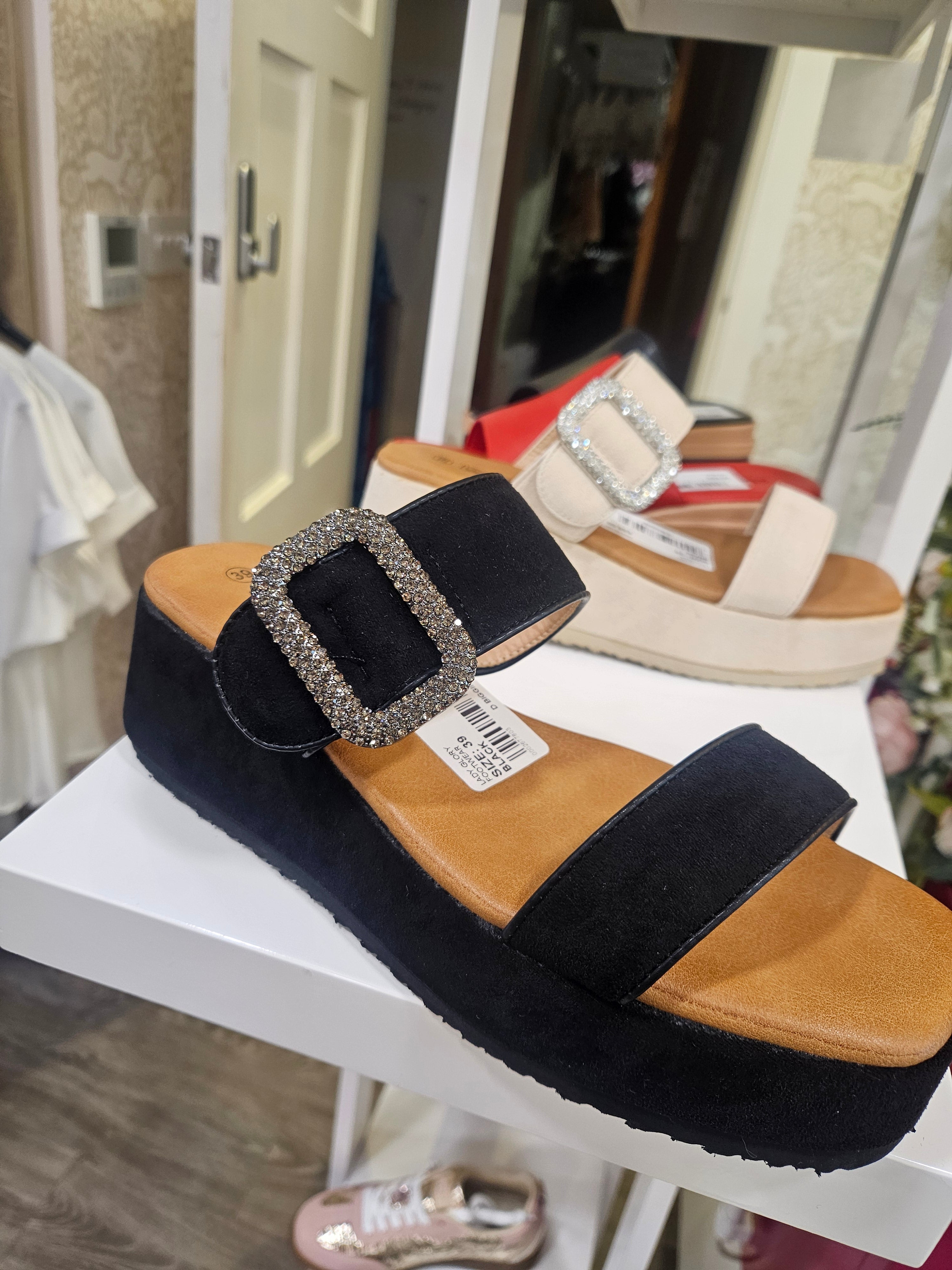 Slip on Faux Suede Sandal with Diamante Buckle Black