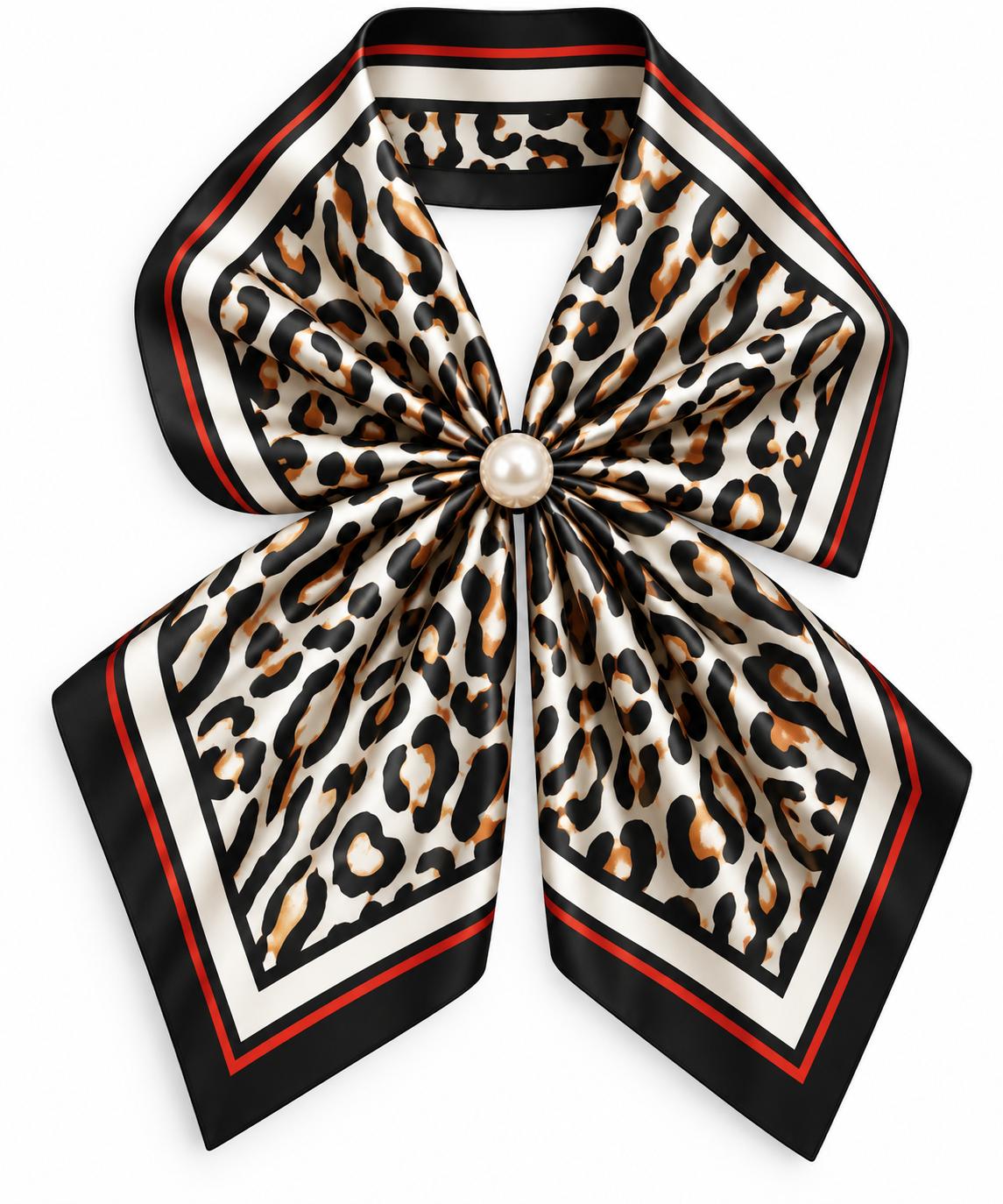 Silk Blend Scarf with Adjustable Pearl Clasp – Black Leopard Print