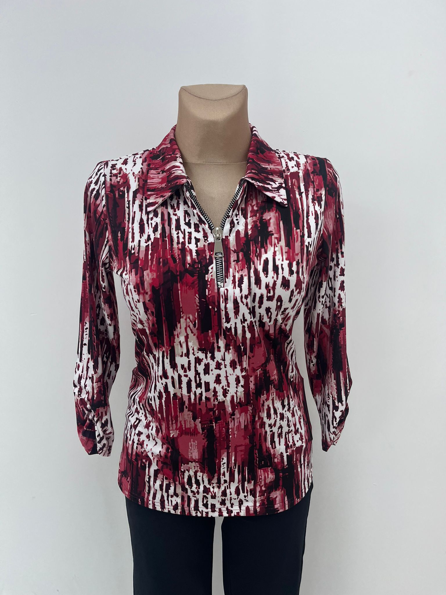 Yew Top in Burgundy and Black Print with Collar and 1/4 Zip.