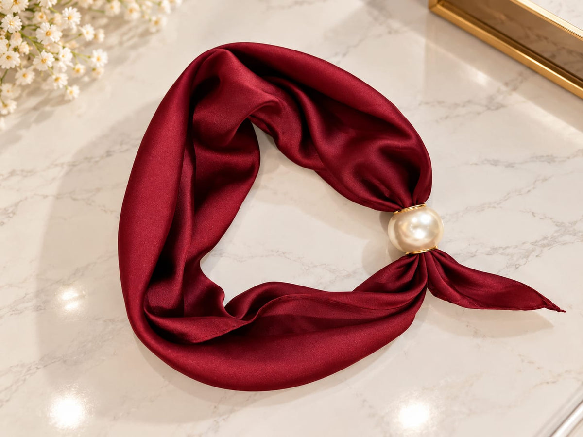 Plain Burgundy neckscarf with pearl magnetic clasp