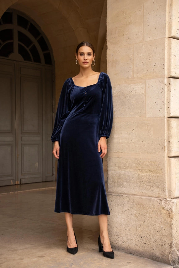 Navy Velvet Midi Dress with sweetheart neckline