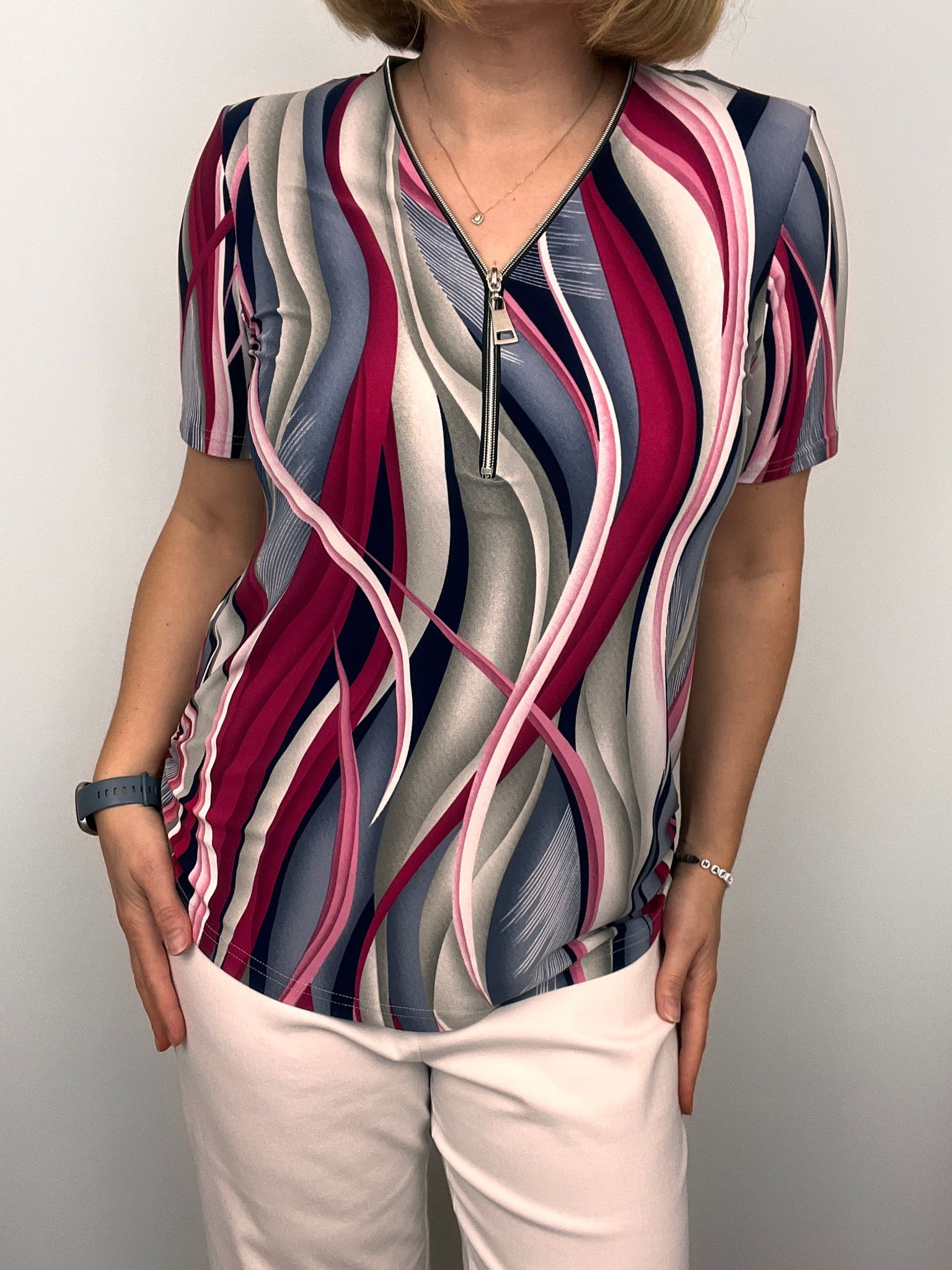 Short Sleeve Zip Top in Raspberry navy and stone print Zip25 15