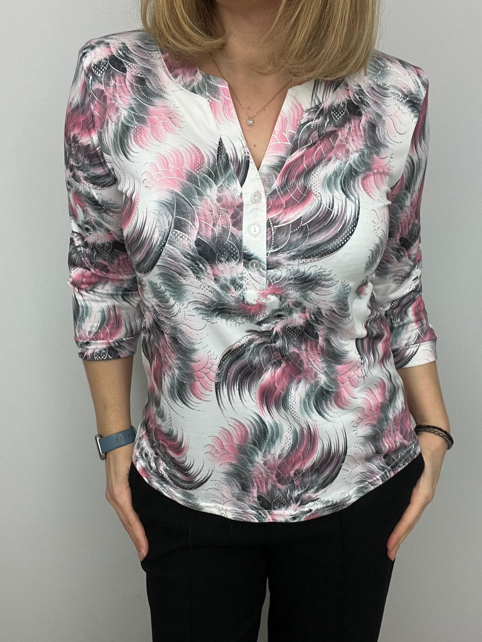 Ilona 3 Button v neck Shirt 3/4 sleeve in Green or Pink Print 2026