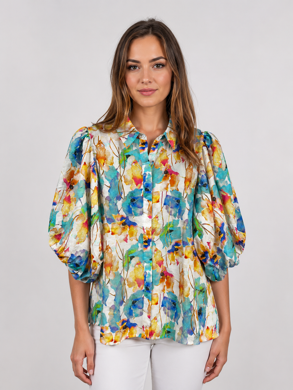 Stella Morgan floral print puff sleeve blouse in green print T182292 Green