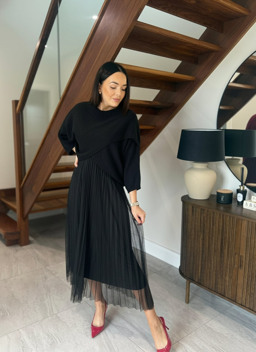 Tulle Dress with Knit in Rich Burgundy or Black or Forest Green