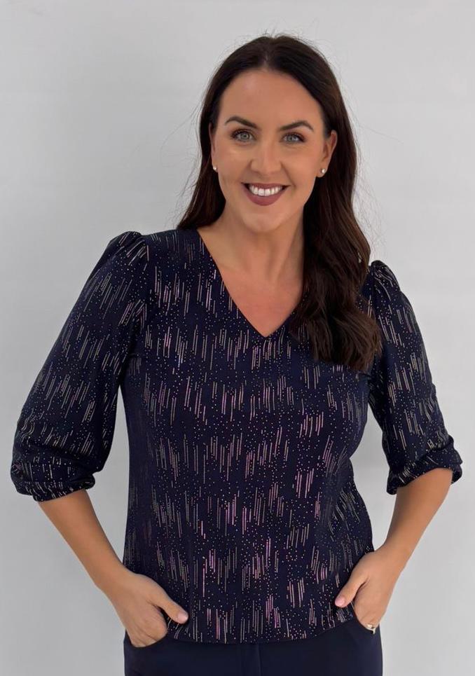 Yew Audrey Navy V Neck Top with Cascading Gold Detail