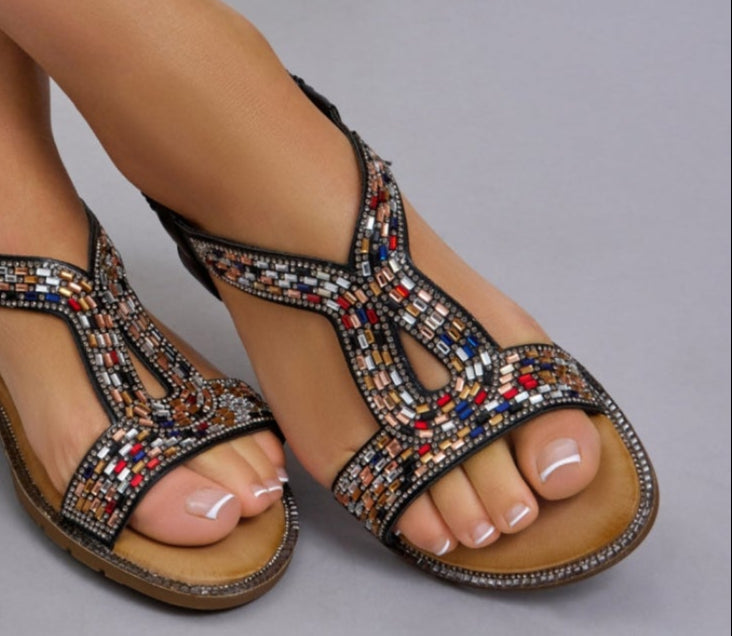 Black Pull on Coloured Diamante Embellished Sandals
