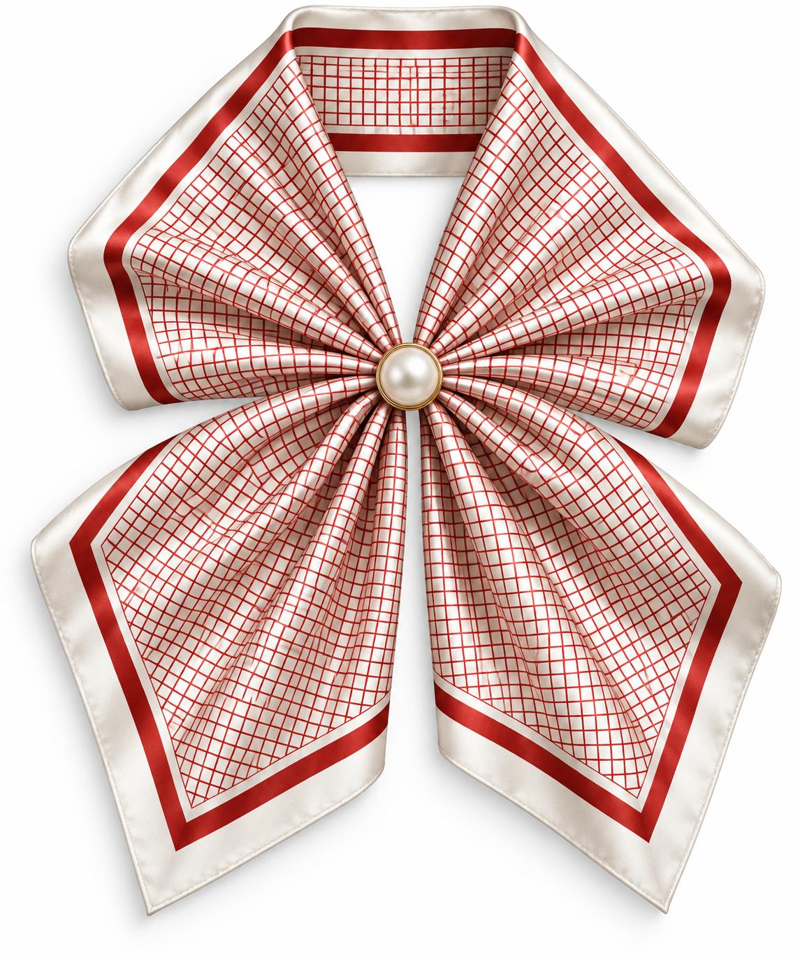 Silk Blend Scarf with Adjustable Pearl Clasp –Rust & Ivory Check