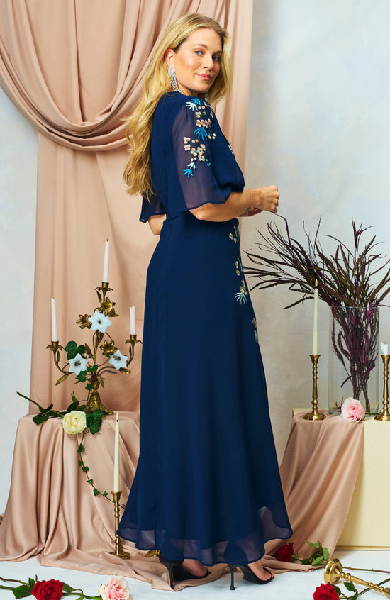 Hope and Ivy Catriona Embroidered Flutter Sleeve Maxi Wrap Dress with Tie Waist