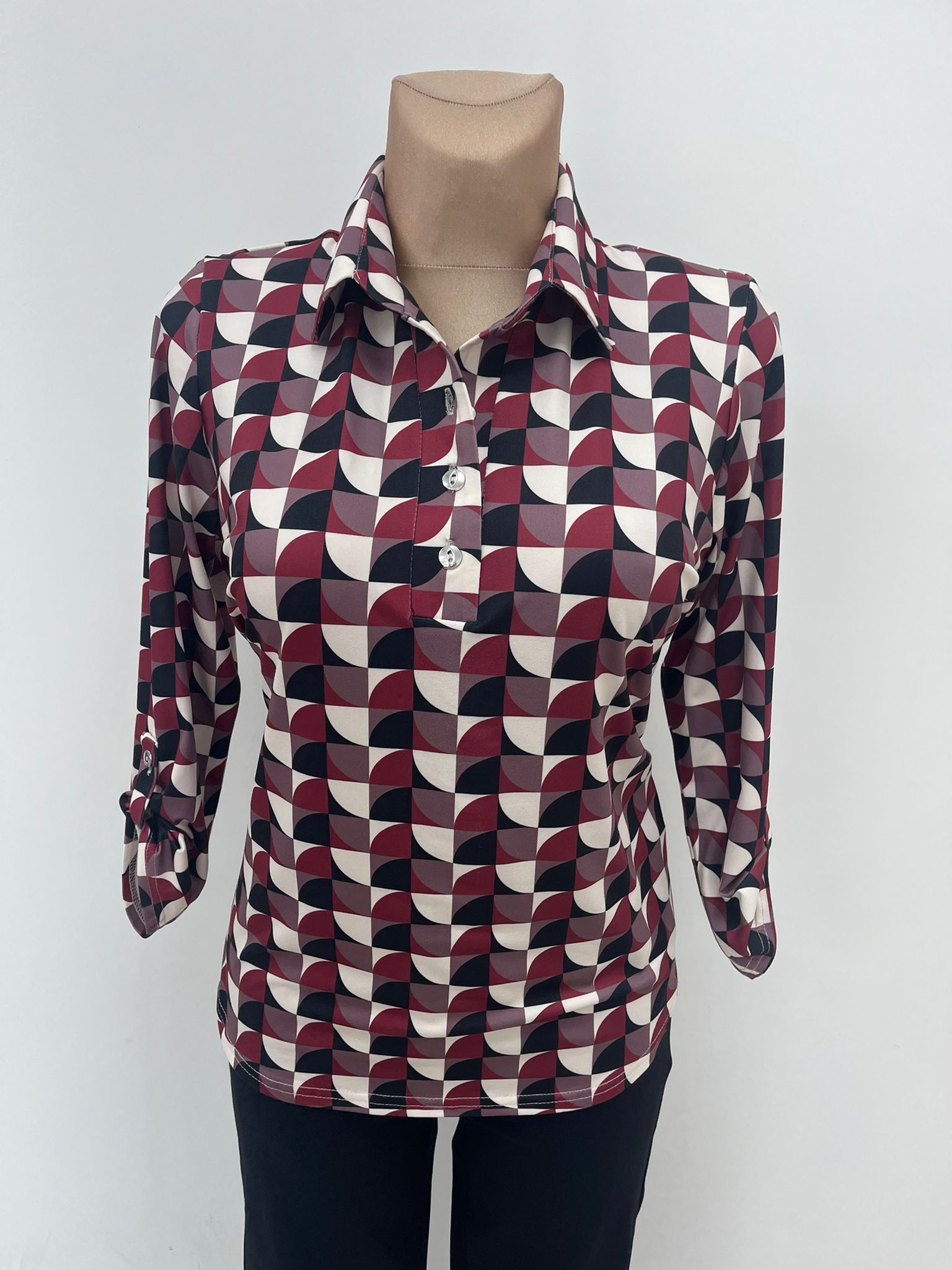 Yew Top with Collar in Burgundy and Black Print