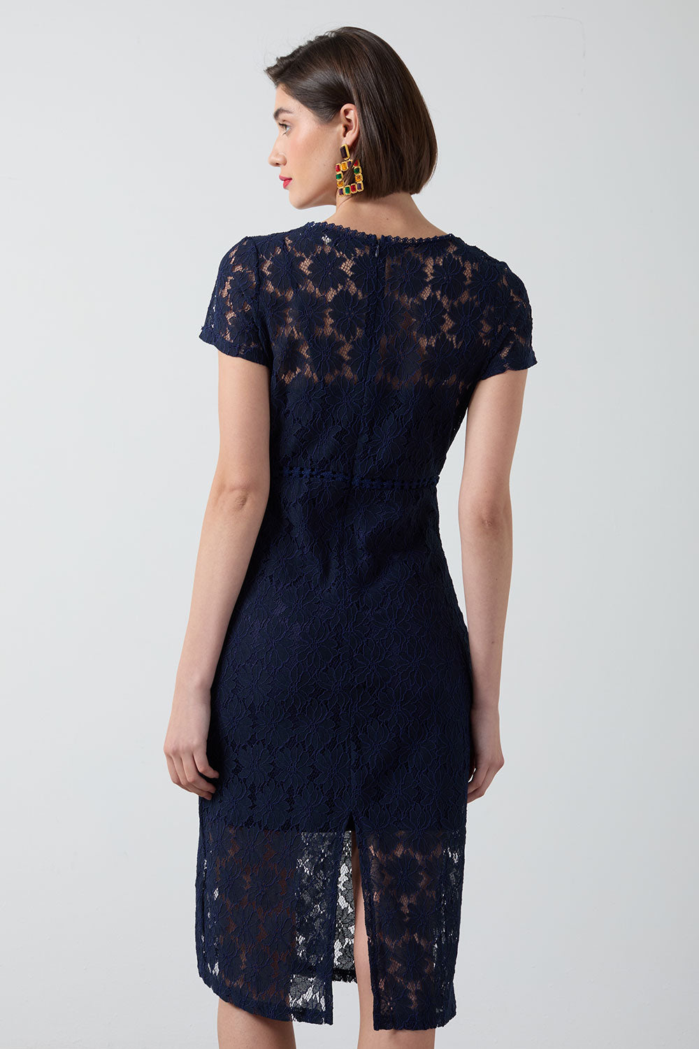 Navy Lace Knee Length Dress