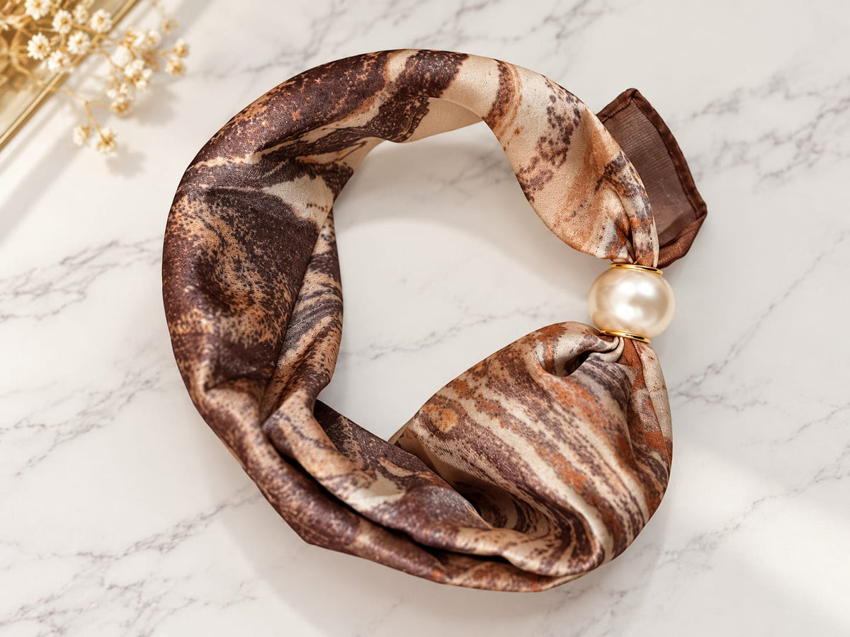 Brown Marble Print Scarf with Pearl Magnetic clasp
