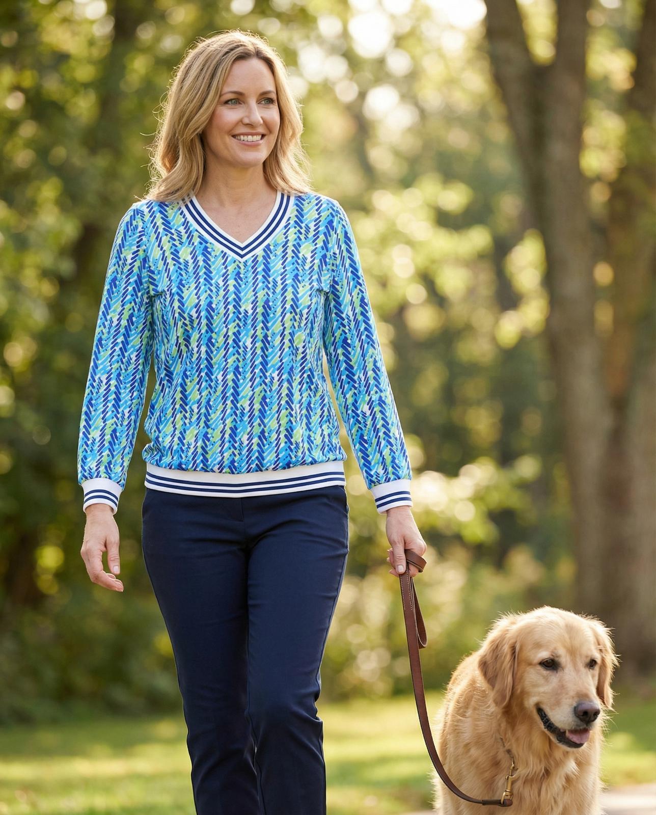 Yew V neck top with sporty trim in Blue Print Yew26 11