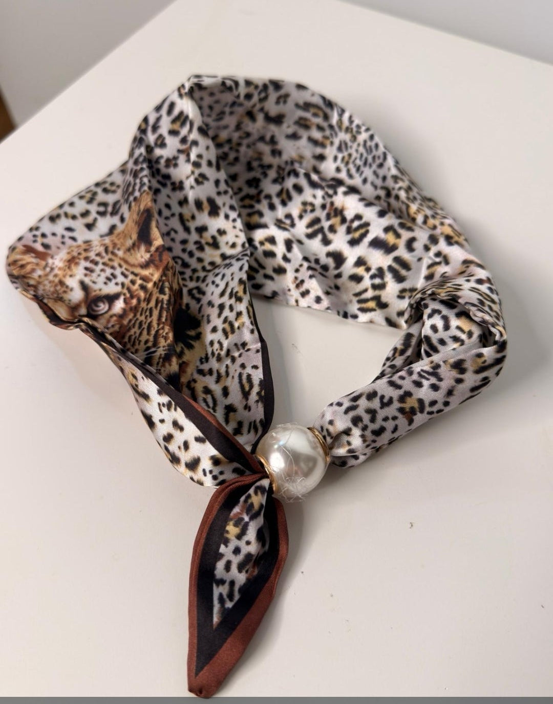 Leopard Print Silk Neck Scarf with Pearl Clasp